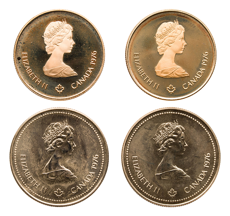 Two Elizabeth II Proof Gold and Two Brilliant Uncirculated 100 Dollars 1976, “Montreal Olympiade” by  Canada