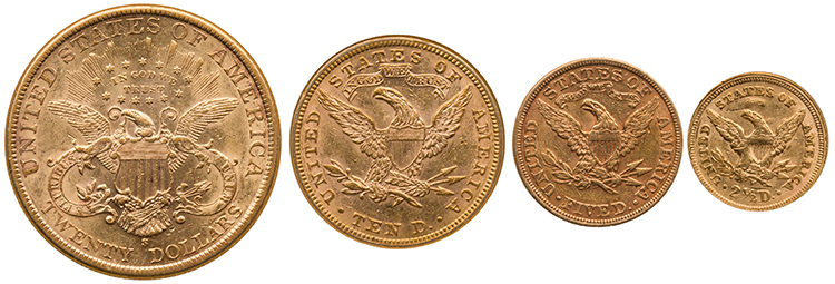 4-Piece Gold Set including $2 ½, $5, $10, and $20 "Coronet Head," Assorted Years XF-AU by  USA