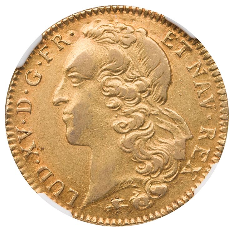 Louis XV Gold 2 Louis d’Or 1755 D, Lyon Mint, NGC AU55 by  France