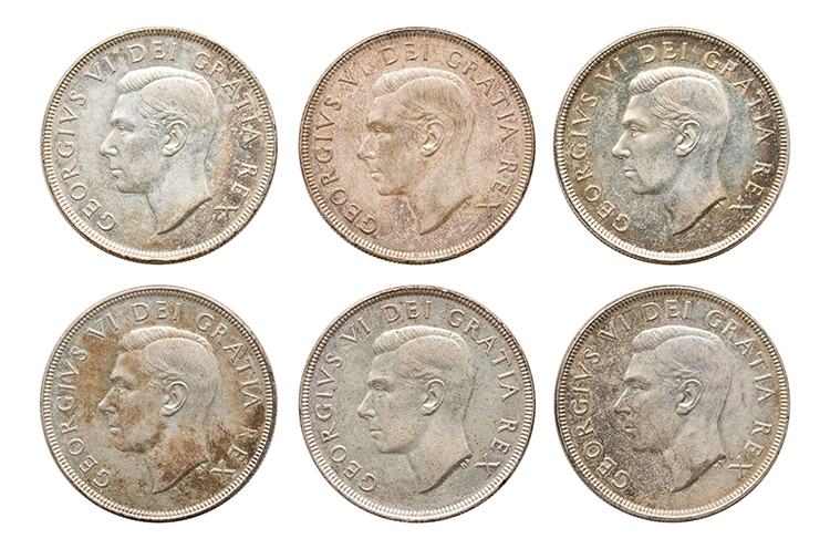Six George VI Silver Dollars 1951, SWL and FWL par  Canada