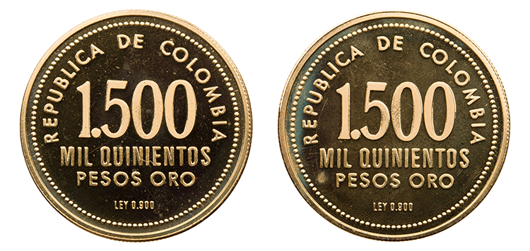 Two Republic Gold Proof 1500 Pesos 1973, "50th Anniversary – Gold Museum of Central Bank of Bogota" by  Colombia