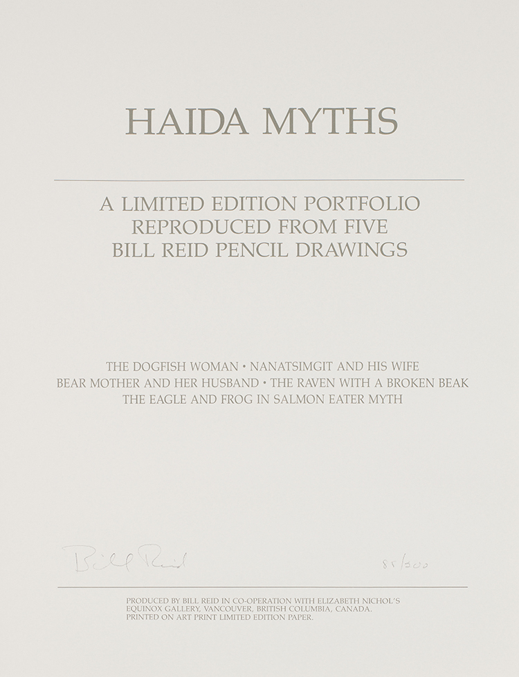 Haida Myths, Bill Reid: A Limited Edition Portfolio Reproduced from Five Bill Reid Pencil Drawings par William Ronald (Bill) Reid