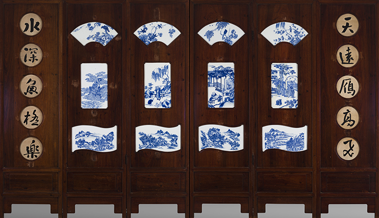 Six-Panel Chinese Blue and White Porcelain and Calligraphy Folding Screen, Late Qing Dynasty by  Chinese Art