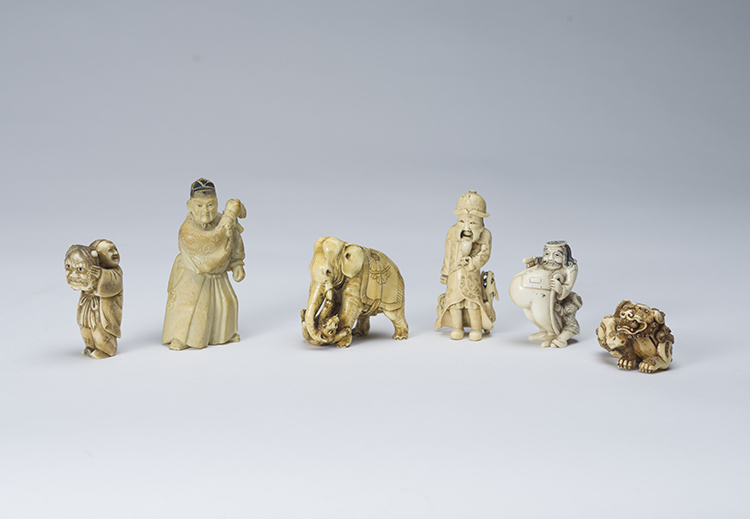 A Group of Six Japanese Ivory Okimono and Netsuke, 19th to 20th Century by  Japanese Art