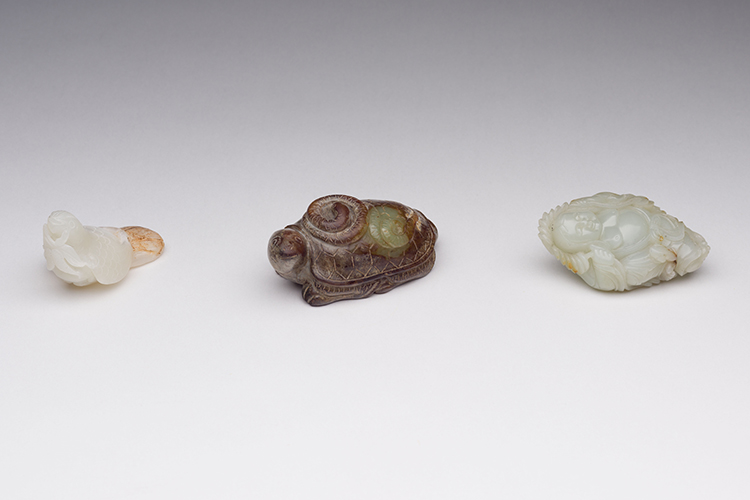 Three Chinese Jade Carvings, 20th Century
(Liu Hai; Dragon and Snake; Bird and Wheat) by  Chinese Art