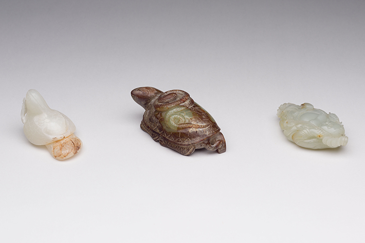 Three Chinese Jade Carvings, 20th Century
(Liu Hai; Dragon and Snake; Bird and Wheat) by  Chinese Art