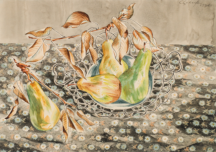Pears and Wire Basket on a Printed Cloth, Version II par Carl Fellman Schaefer